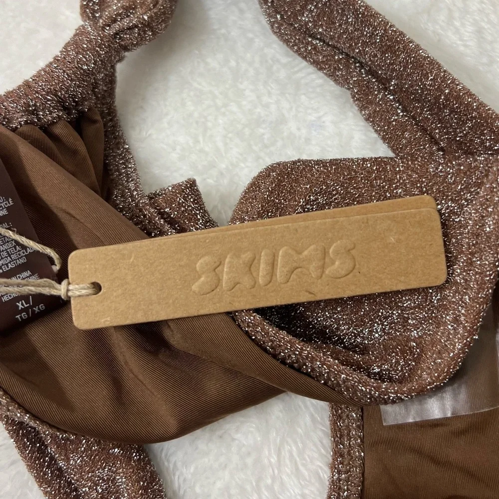 Skims Glitter Swim Ruched Tanga Bikini Bottom Jasper Brown Size L